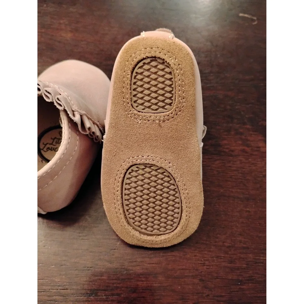 Little Love Bug Pink Leather Ruffle Moccasin Booties Soft Sole Shoes Size 2